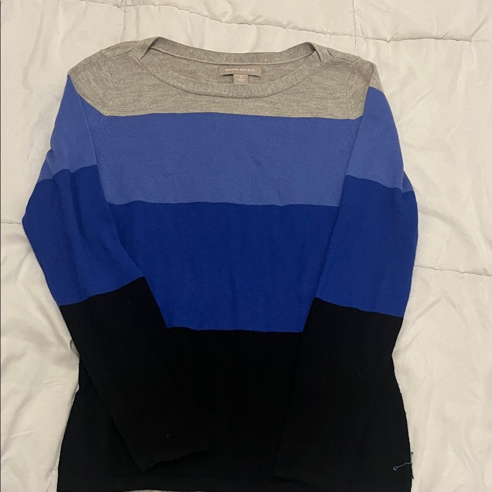 Banana Republic Heather Gray, Cobalt Blue & Black Striped Boatneck Sweater